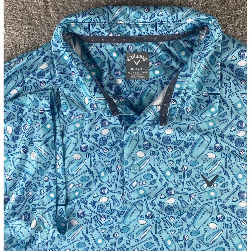 Callaway Opti Dri Blue Polo All Over Cocktail Beach Print Performance Mens XXL